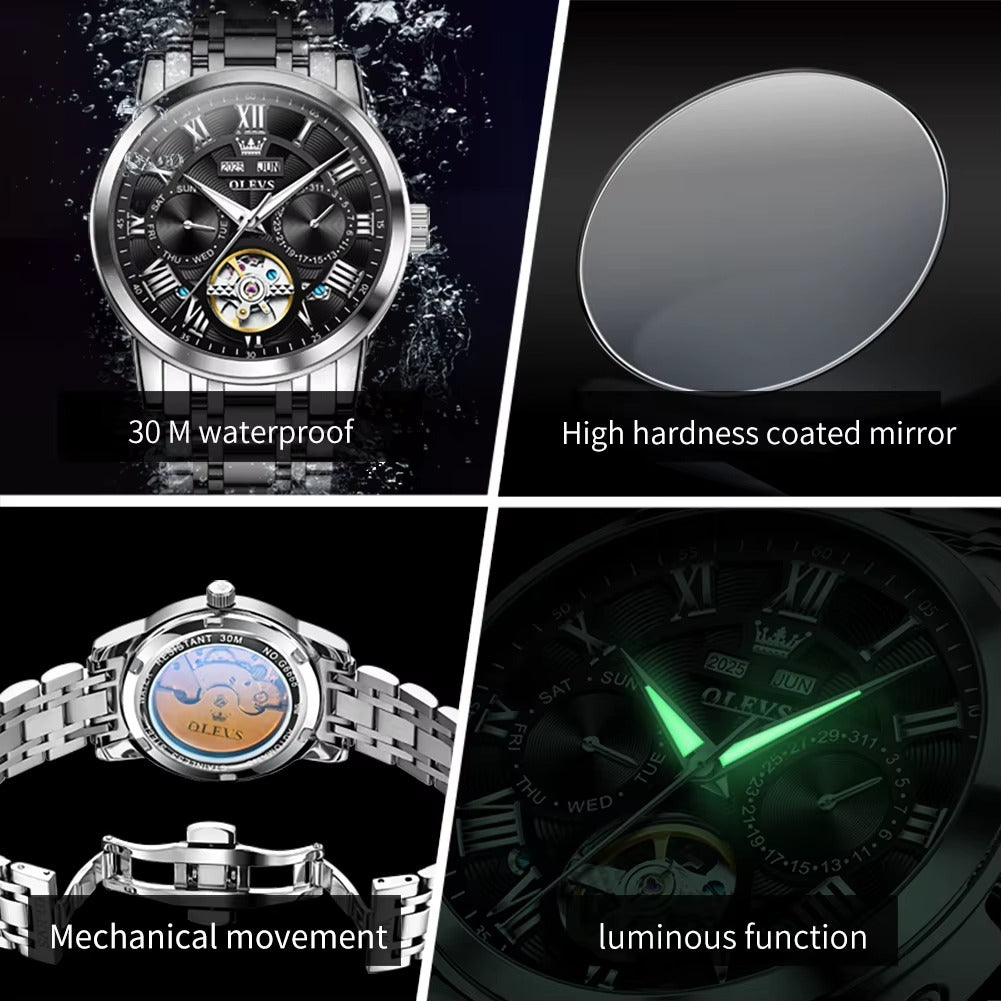 KOASIC 6668 Automatic Skeleton Watch for Men – Luxury Roman Dial Auto Date Waterproof Mechanical Wristwatch