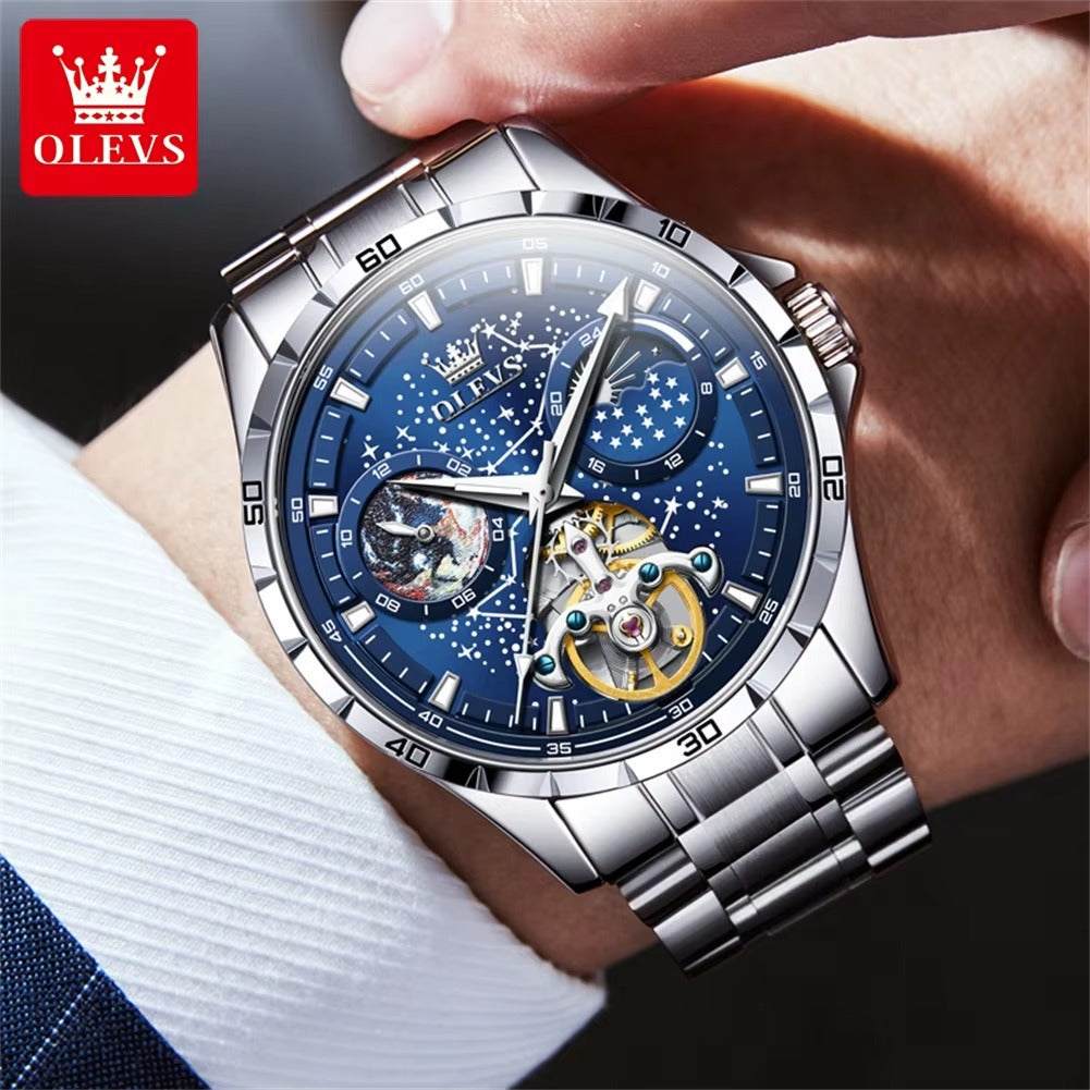 Flywheel Skeleton Automatic Watch for Men Luminous Starry Sky Waterproof Business Wristwatch Mechanical Watch