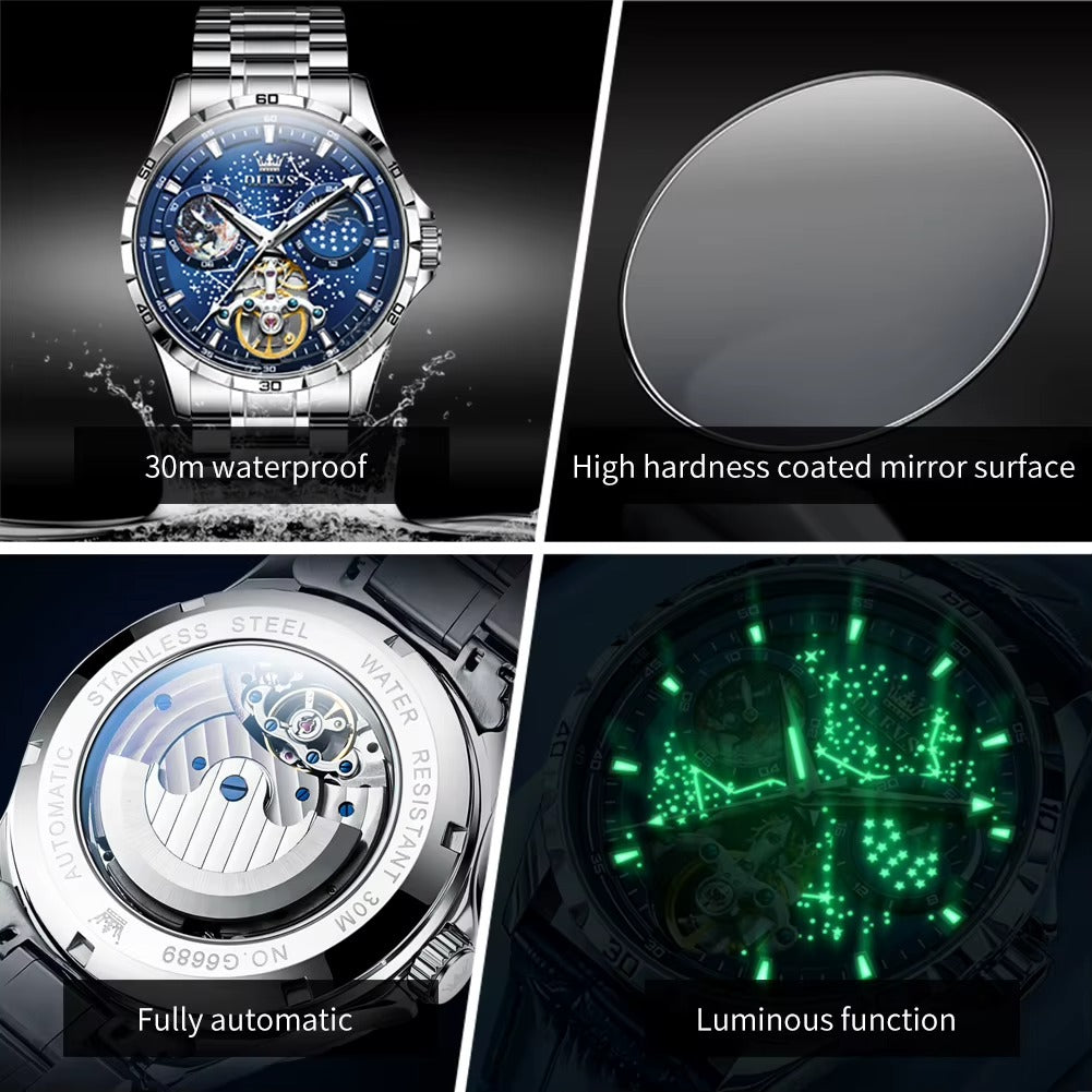 Flywheel Skeleton Automatic Watch for Men Luminous Starry Sky Waterproof Business Wristwatch Mechanical Watch