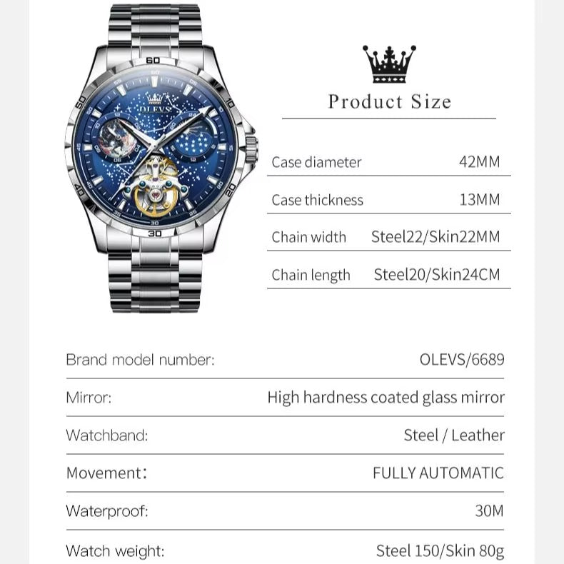 Flywheel Skeleton Automatic Watch for Men Luminous Starry Sky Waterproof Business Wristwatch Mechanical Watch